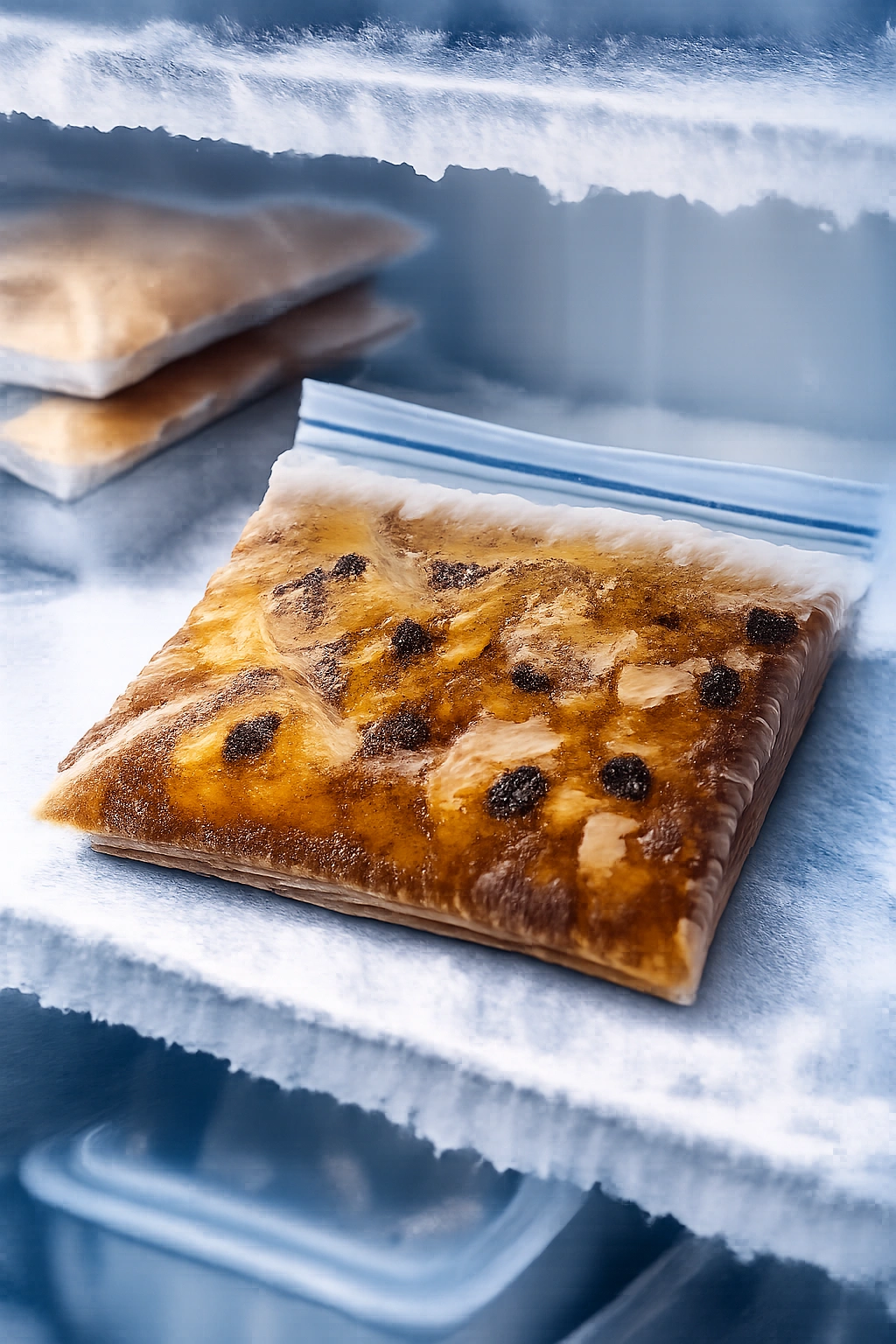 Quart sized freezer bag of soup on a freezer shelf