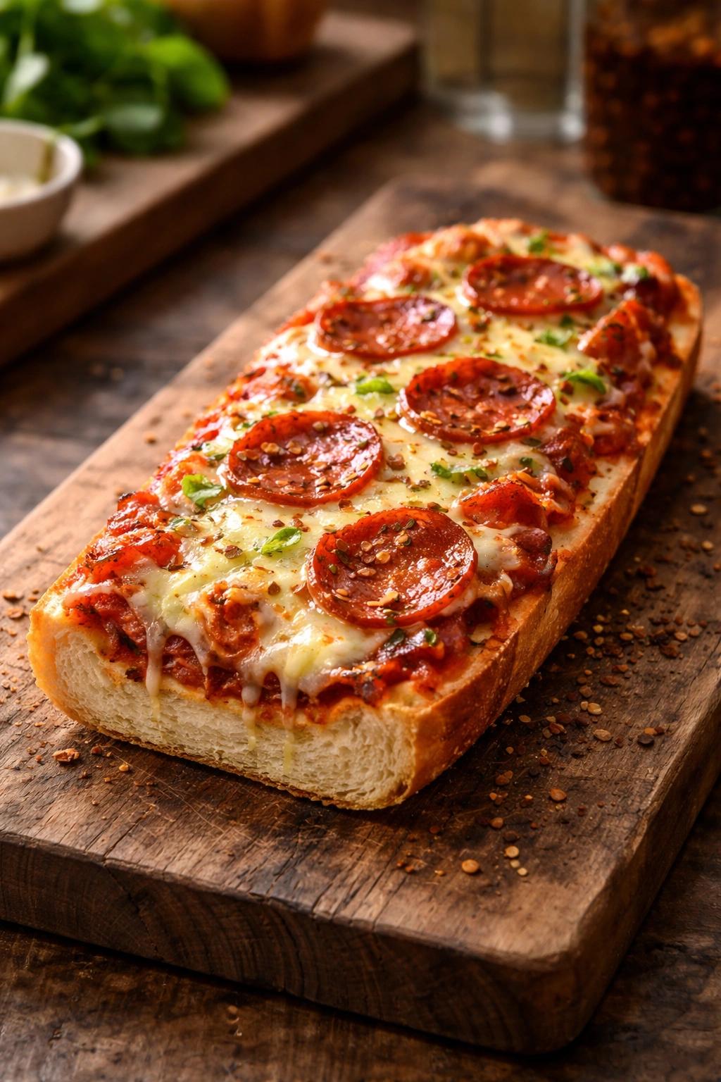 Close-up of a crispy French bread pizza slice with bubbling cheese on a wooden board