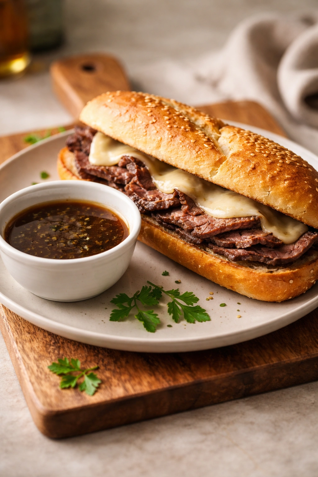 French dip sandwich plated with jus on a board