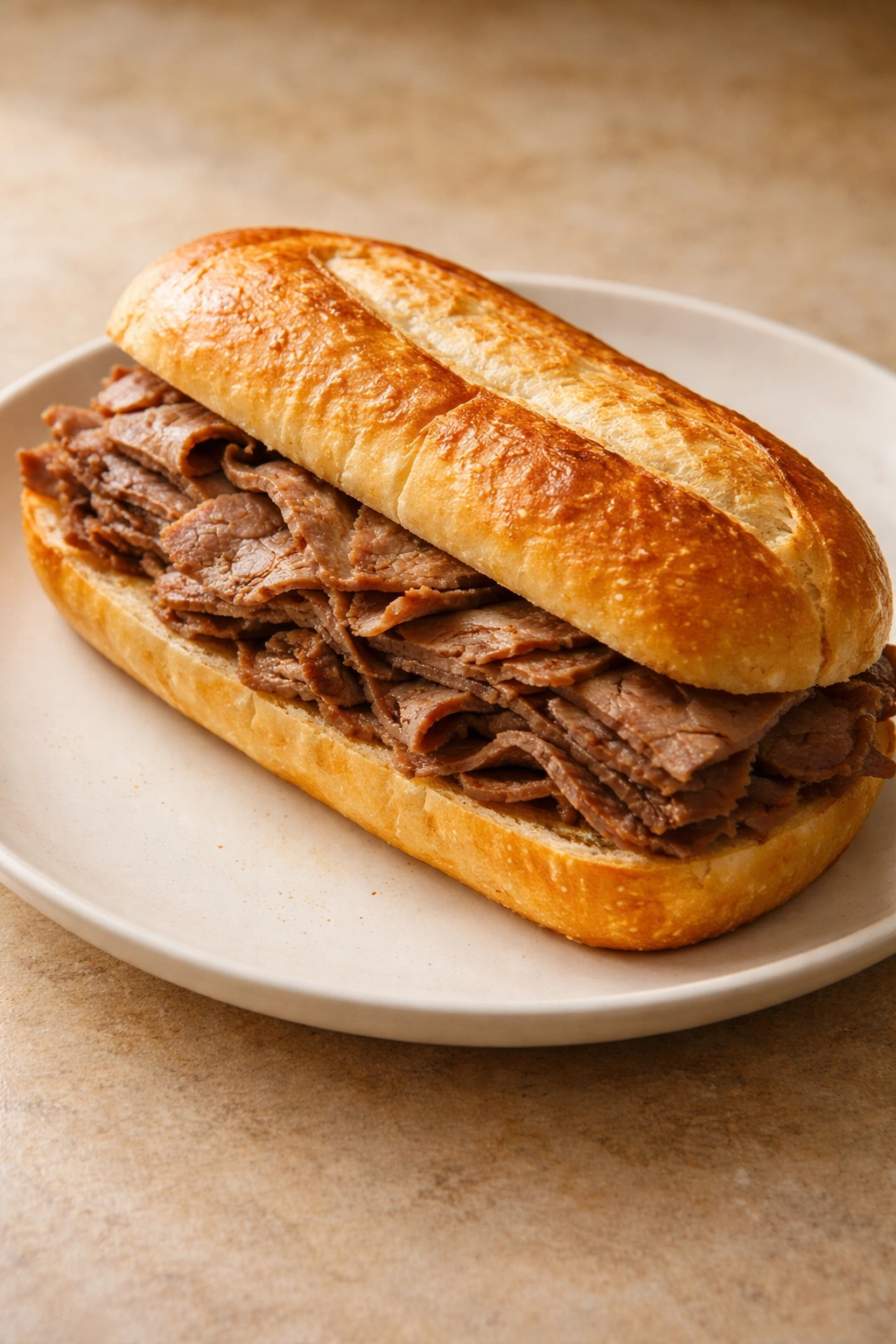 Close-up of a French dip sandwich on a plain plate with toasted bread and beef slices