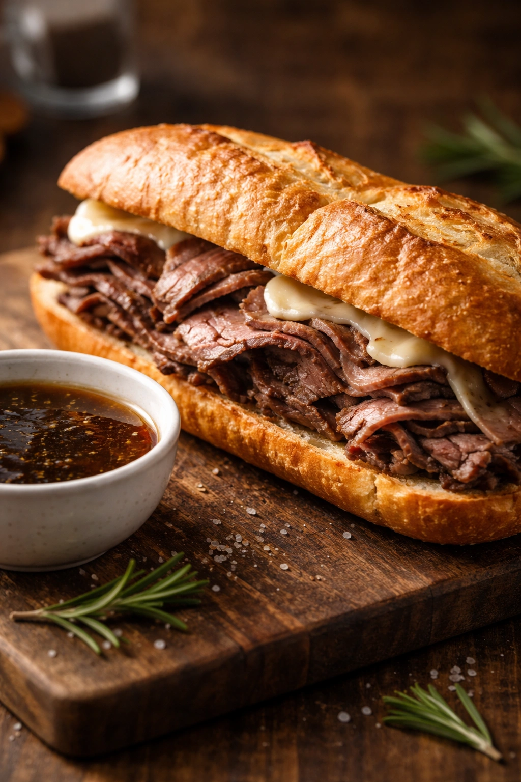 Close-up of a French dip sandwich with roast beef and jus on wood