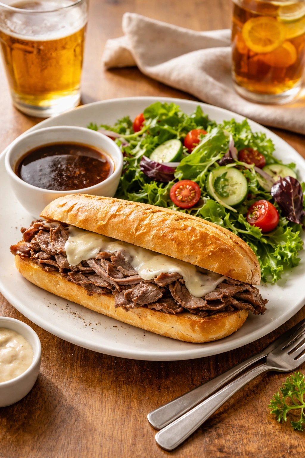 French dip sandwich served with greens on plate