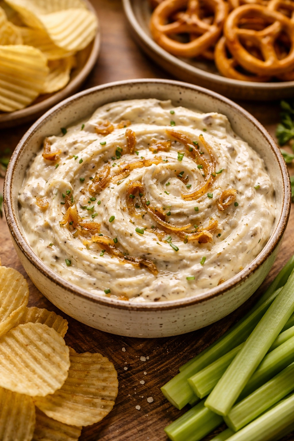 Close-up of creamy French Onion Dip with caramelized onion topping in a rustic bowl