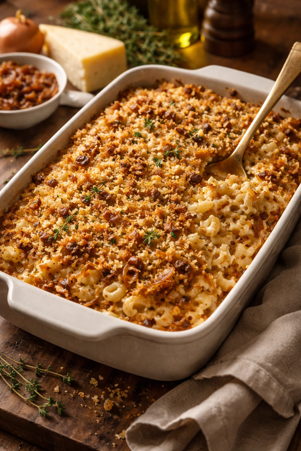 Creamy macaroni and cheese with caramelized onions and crispy topping in baking dish