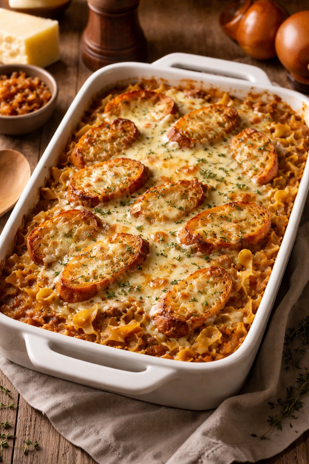 Cheesy French onion soup casserole with noodles and bread topping