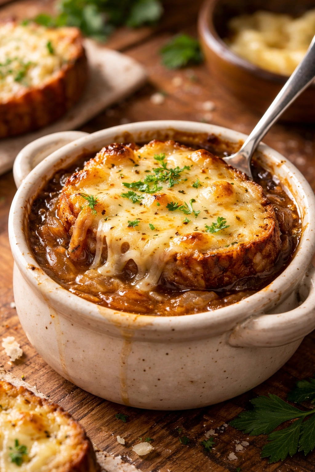 French onion soup with melted cheese in ramekin