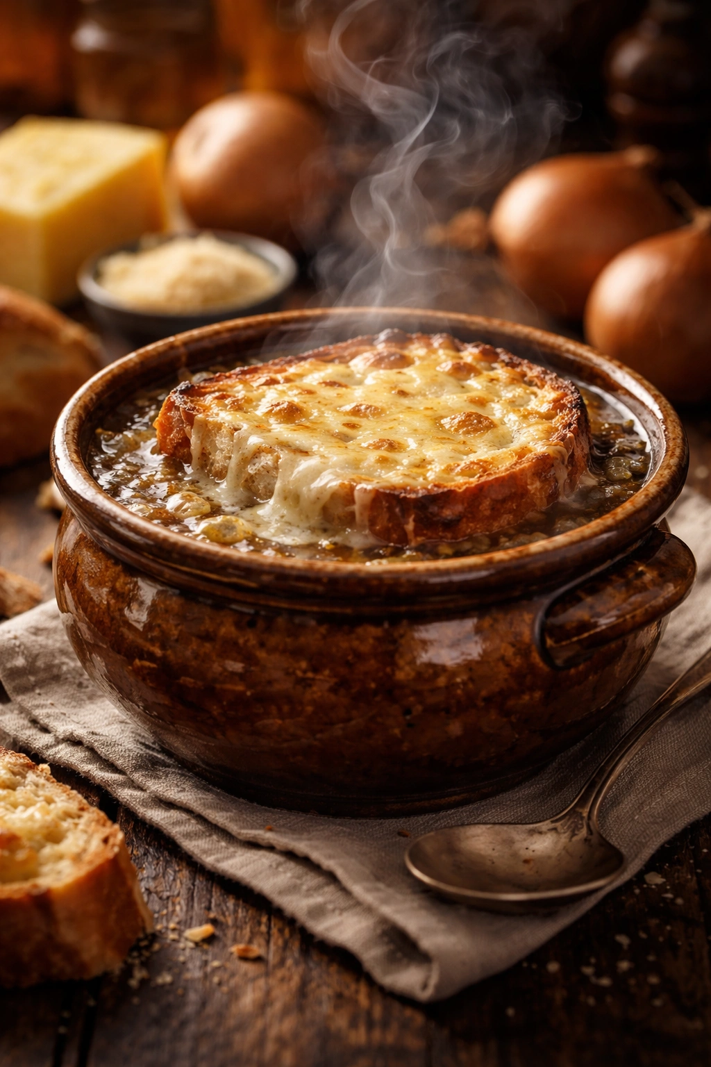 Close-up of French onion soup in gratinée bowl with melted cheese on toasted bread