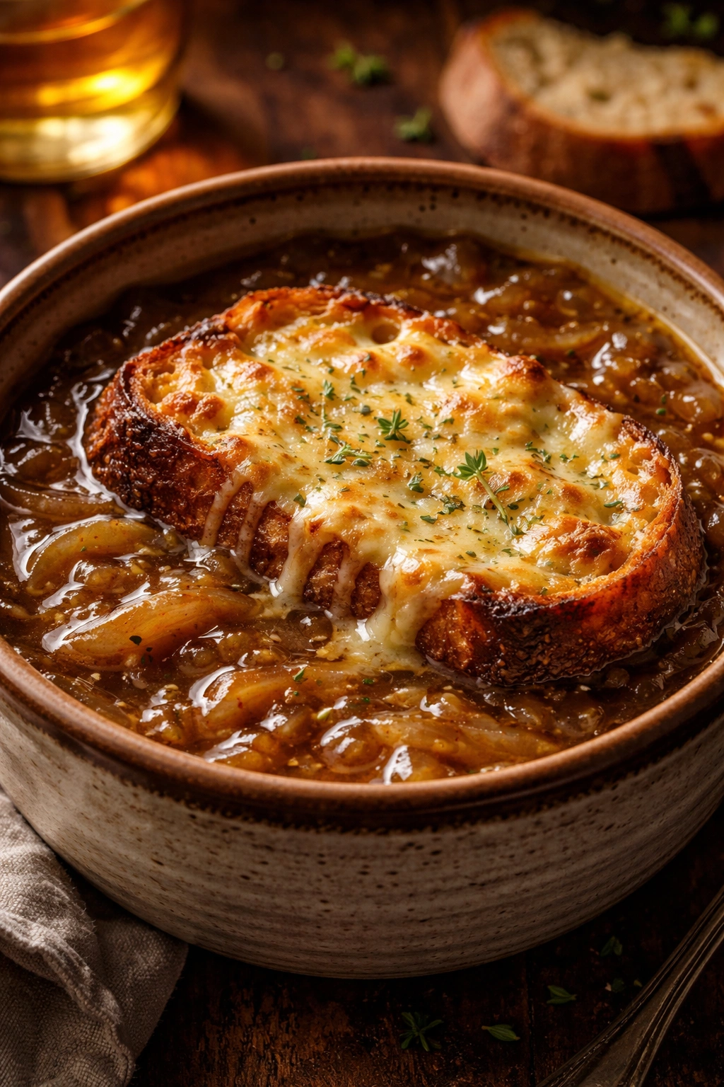 French Onion Soup in a bowl with caramelized onions and melted cheese