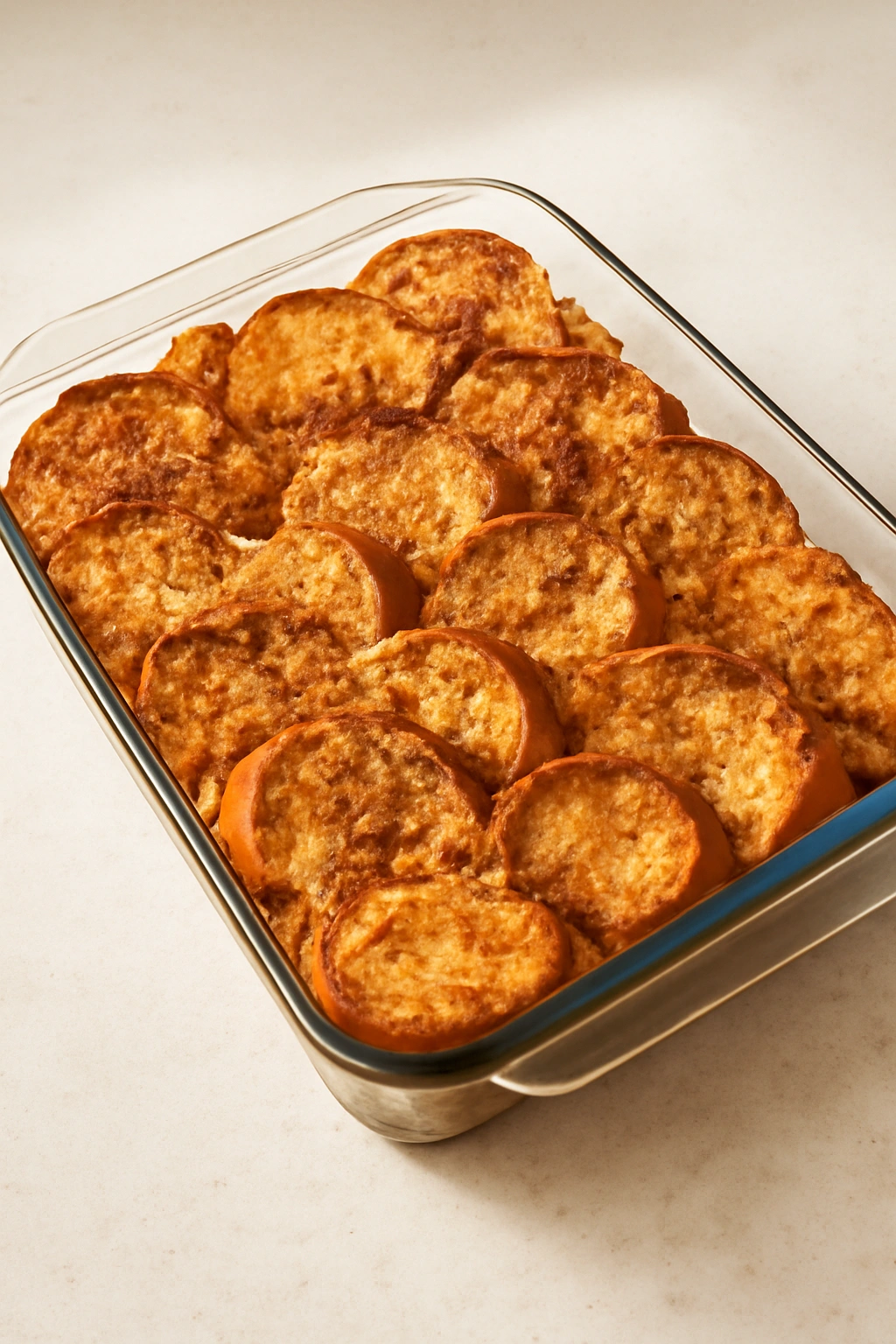 Golden French toast casserole in a baking dish
