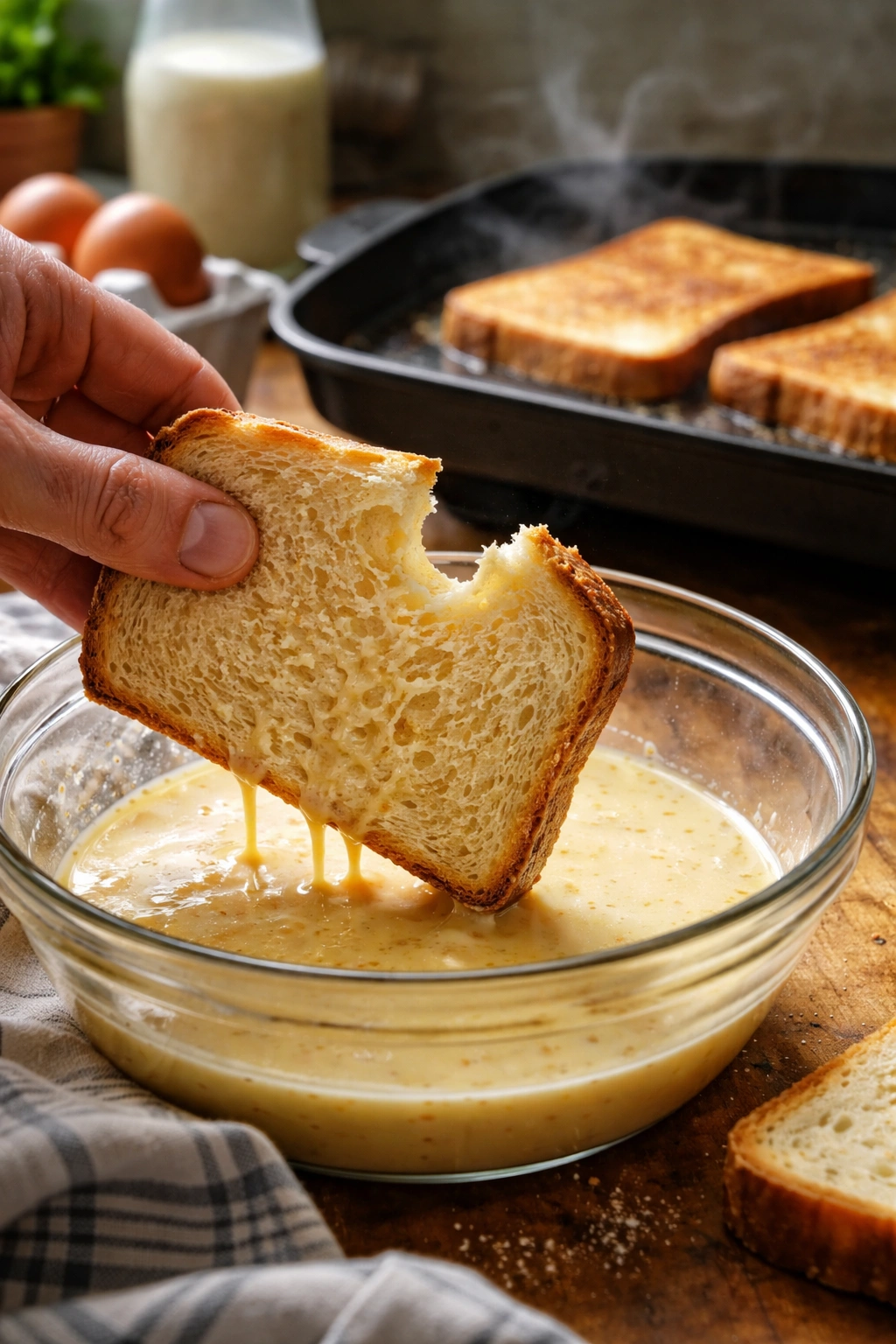 Torn bread slice mid-dip illustrating a common dipping mistake