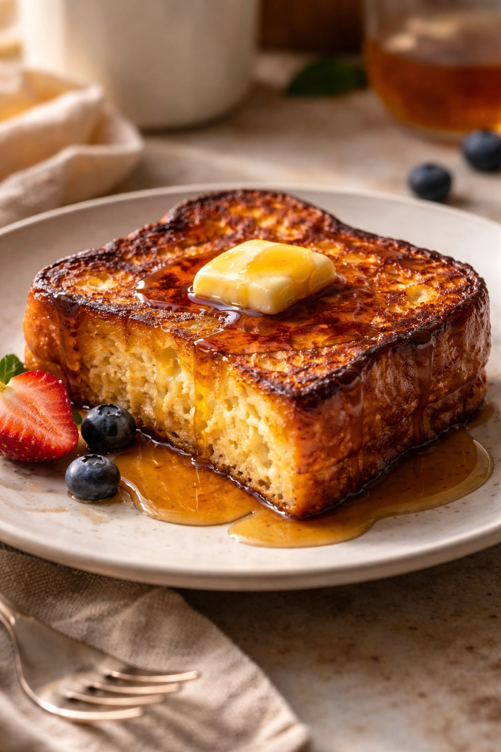 Close-up of French toast slice with custard interior and caramelized crust on plate