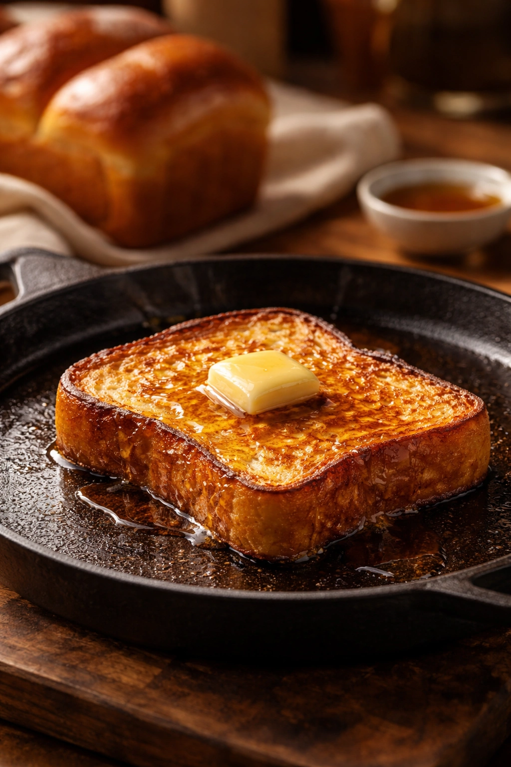 Golden French toast with melting butter on a cast-iron skillet