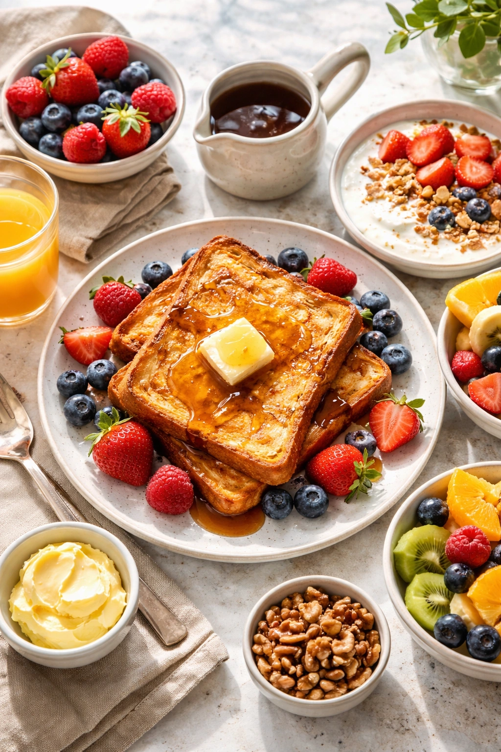 French toast with butter, maple syrup and berries on a plate