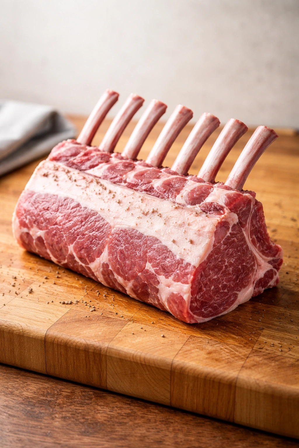 Frenched rack of lamb on butcher block showing exposed bones and rosy meat