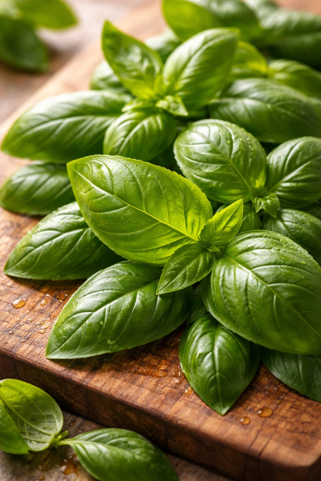 Fresh basil leaves macro shot on wooden board