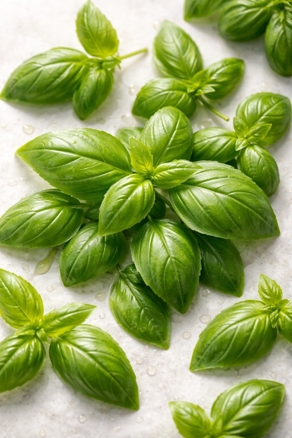 Bright green fresh basil leaves on neutral background