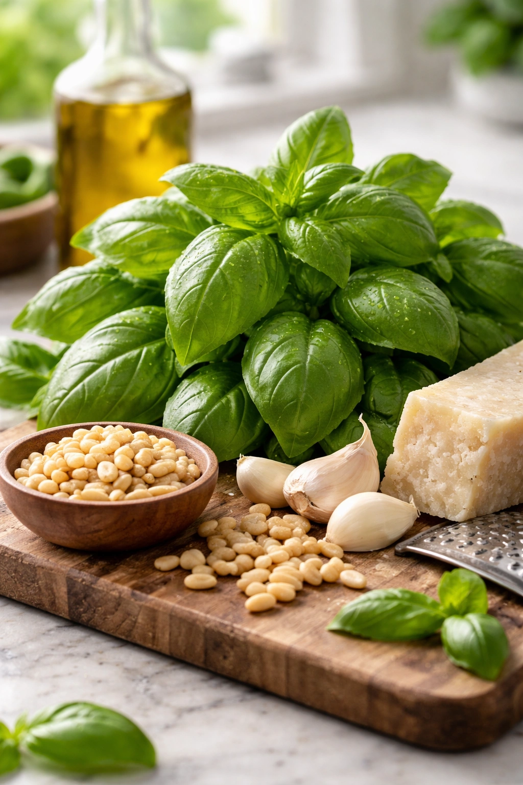 Close-up of fresh basil leaves with garlic, pine nuts, and cheese on a wooden board