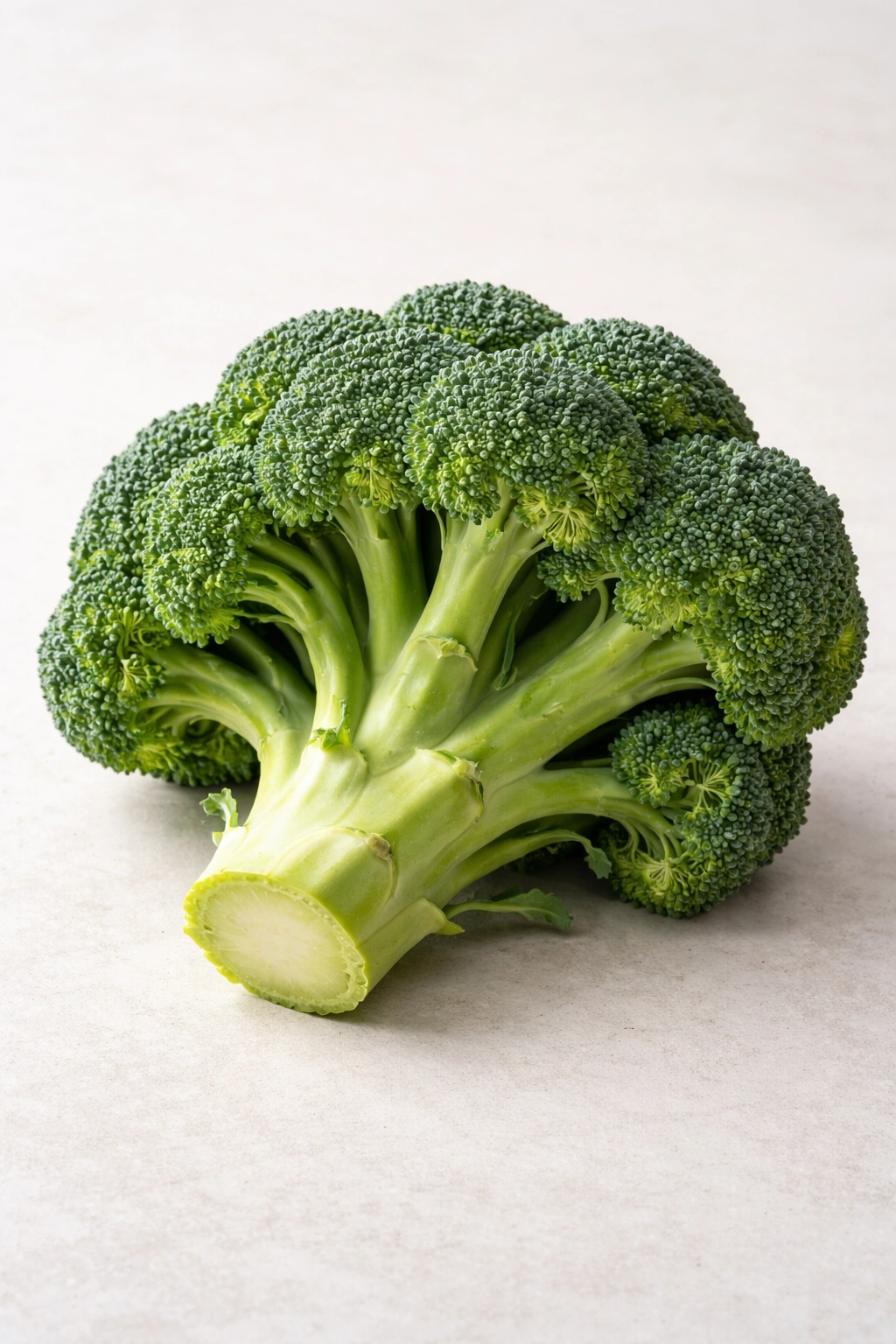 Fresh broccoli crown with tight green florets on neutral background