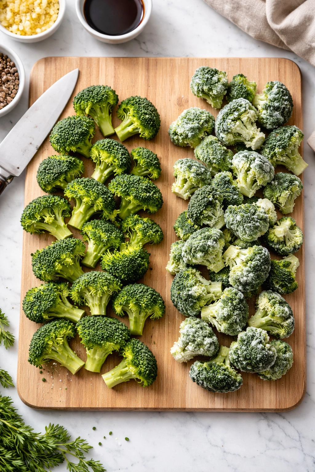 Fresh broccoli florets on cutting board, vibrant green color