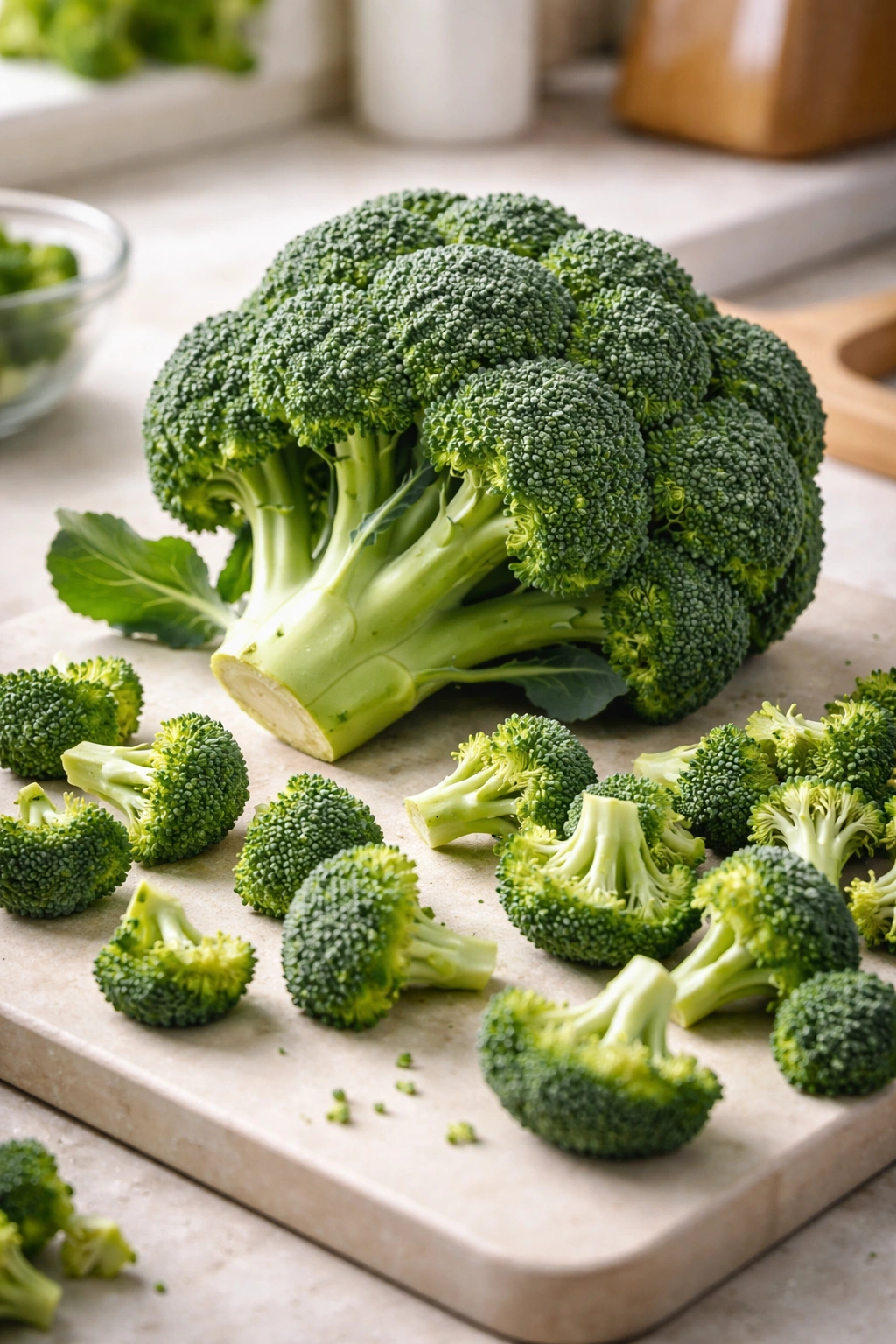 Fresh broccoli head with florets on neutral background
