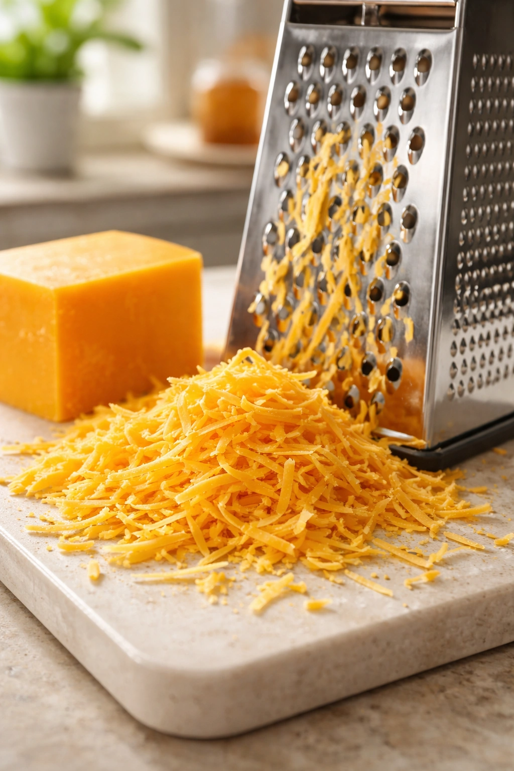 Fresh cheddar being shredded for a creamy casserole