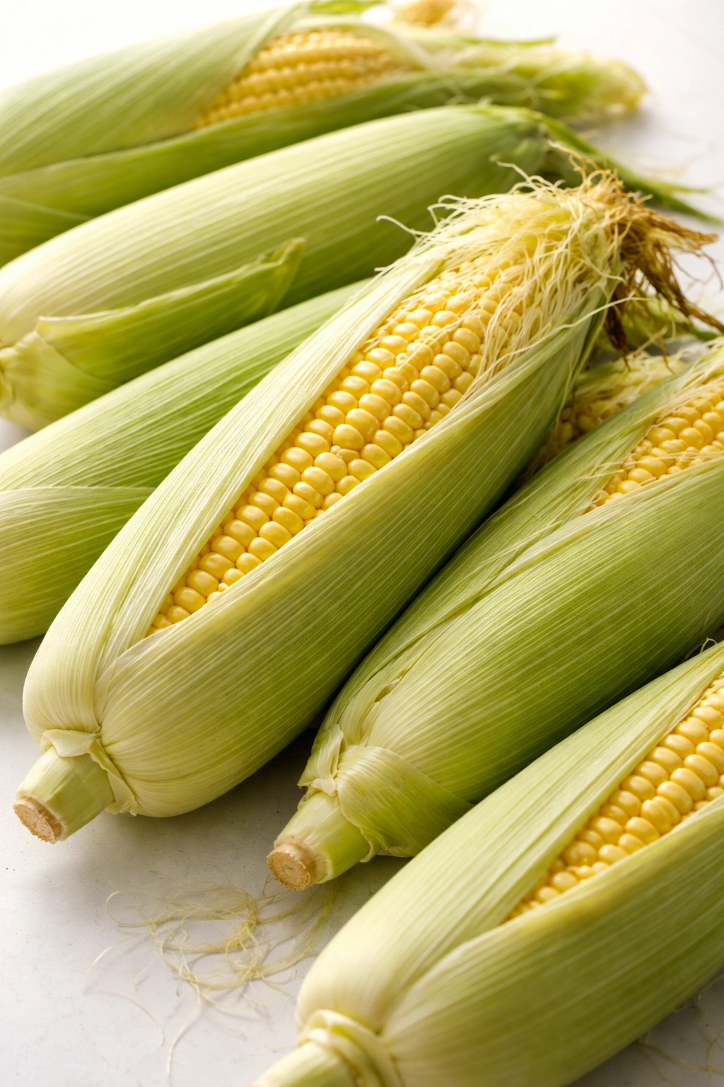 Ear of corn with green husks intact and silk visible on plain background.