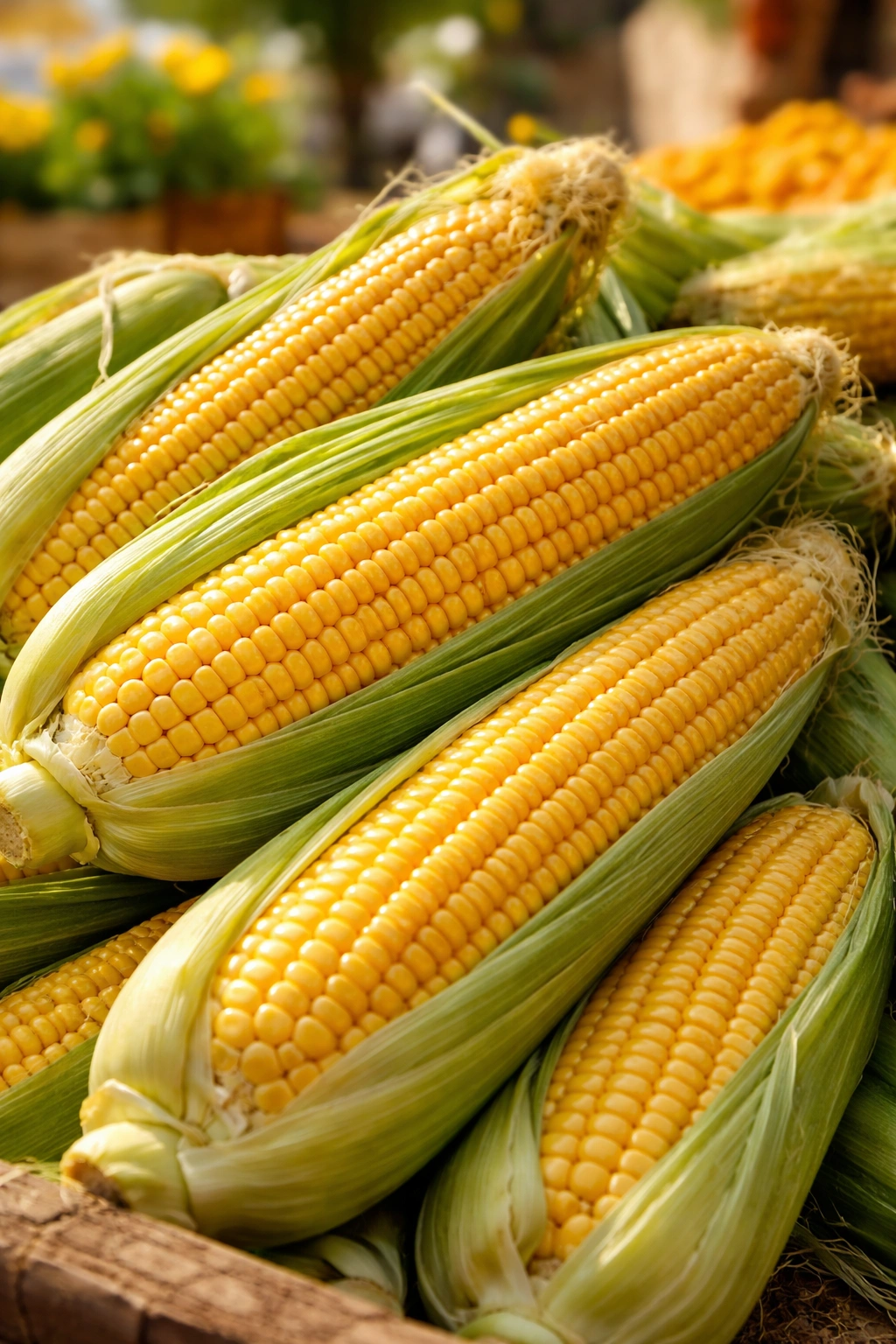 Fresh corn ears with bright kernels and green husks in sunlight