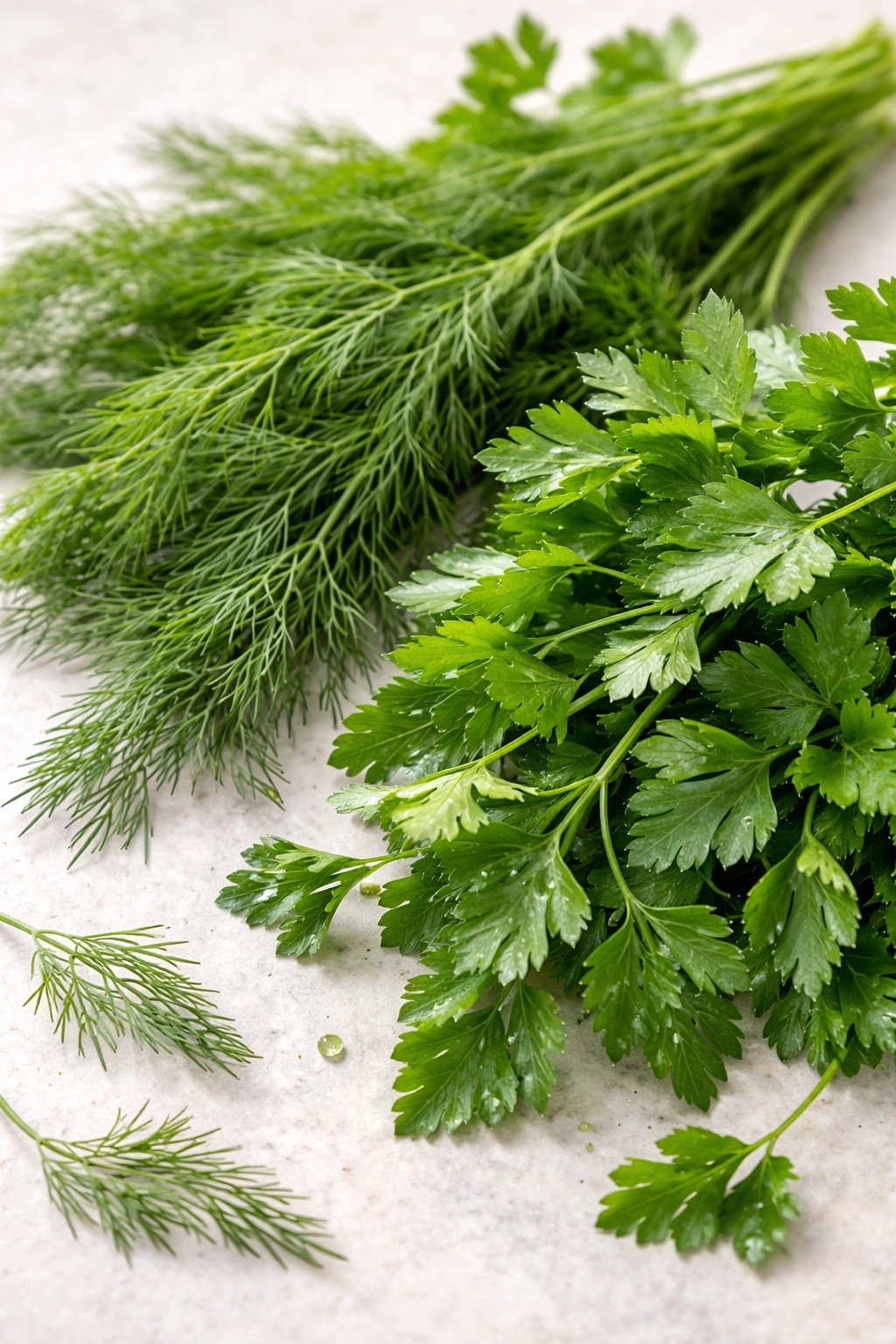 Fresh dill and parsley on a surface with bright green color.