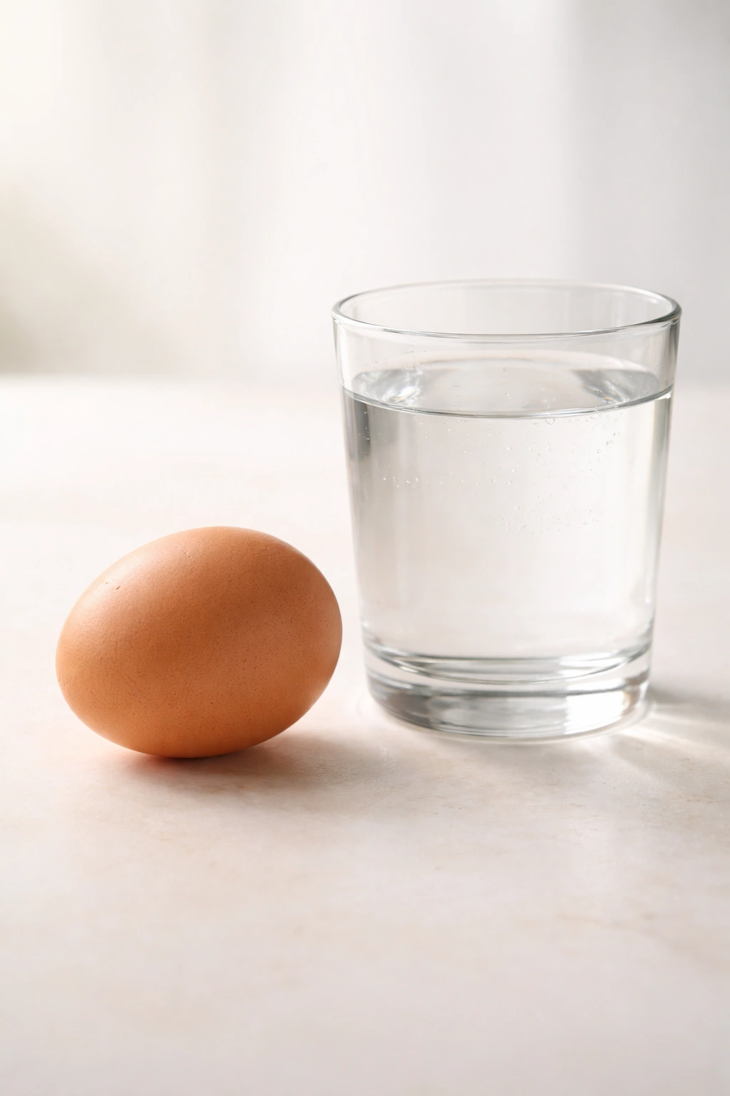 Fresh egg beside a glass of water highlighting freshness