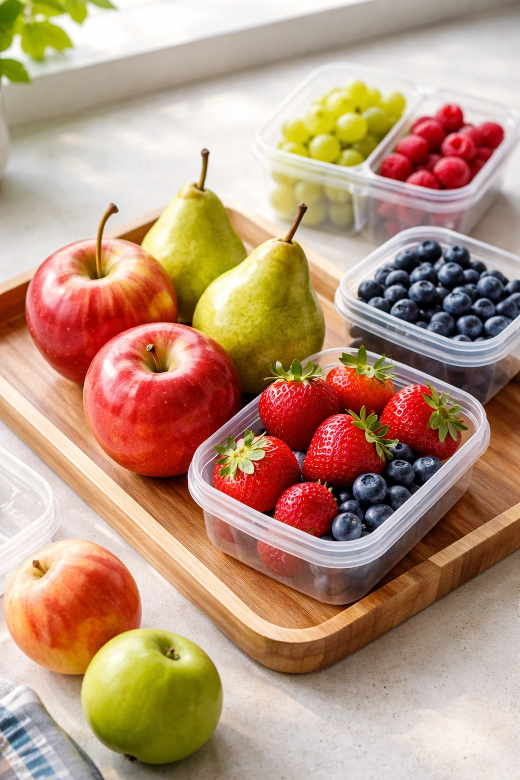 Assorted fresh fruit on a wooden tray including apples pears and berries