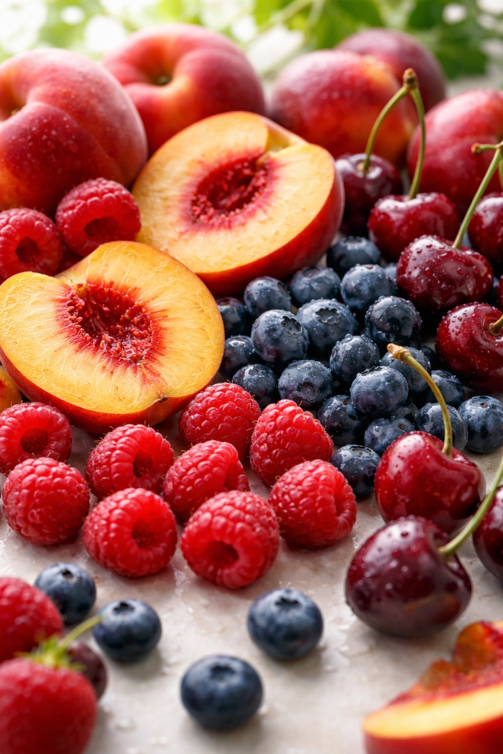 Close-up of ripe berries and stone fruits ready for cobbler