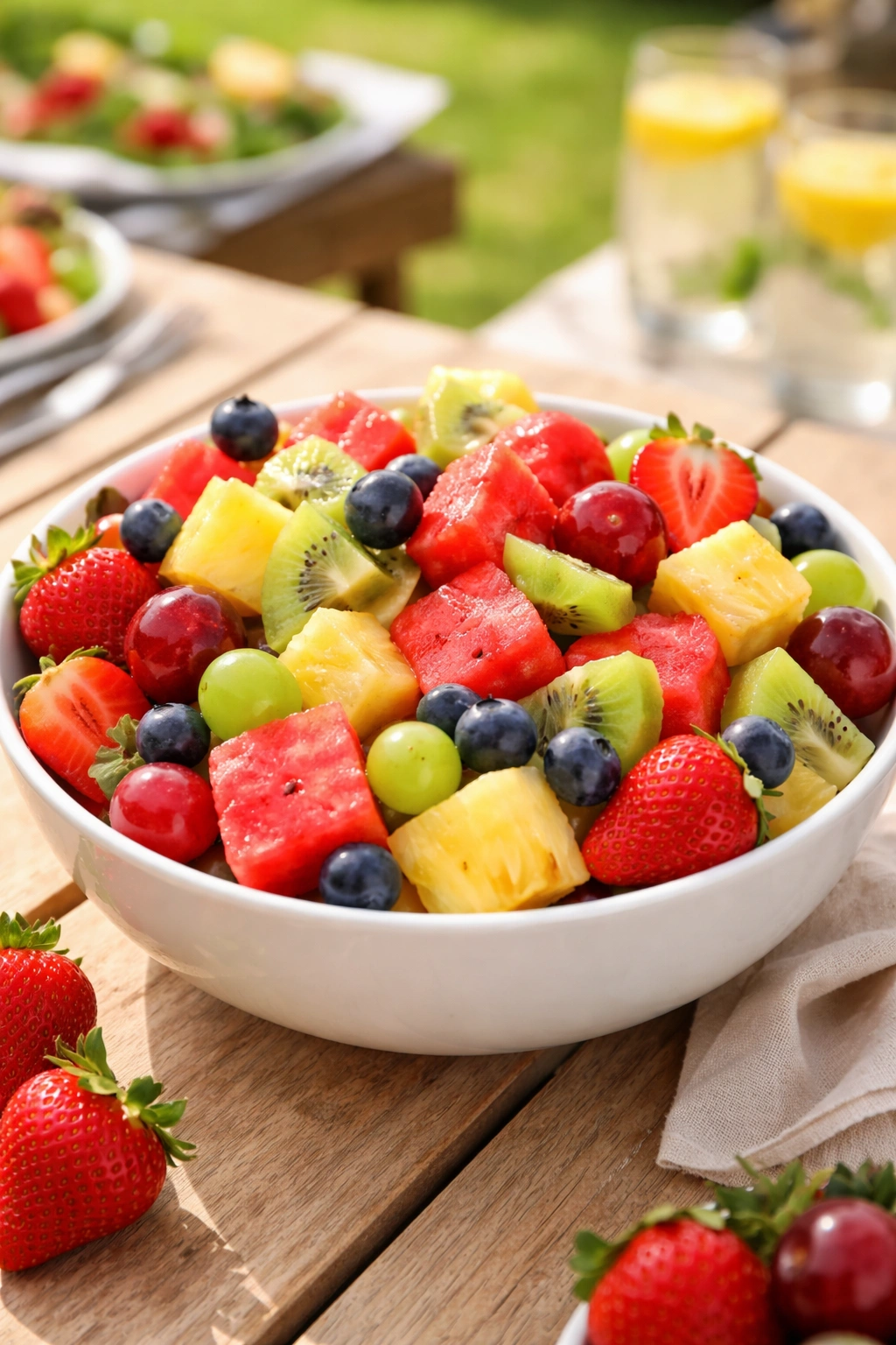 Bowl of fresh cut fruit on a sunny outdoor table.
