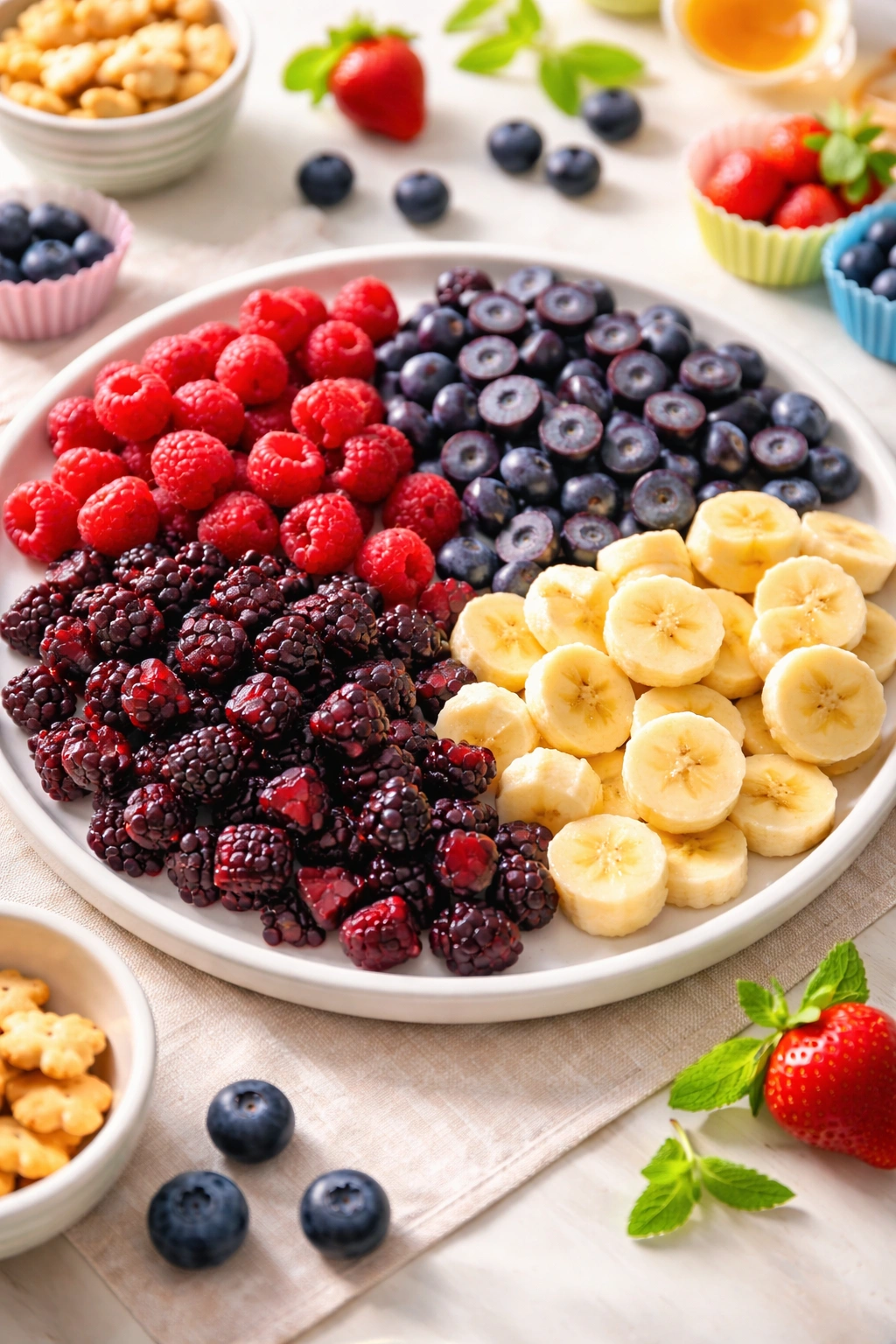 Top-down platter of tiny fruit cuts including berries and banana coins on a light platter.