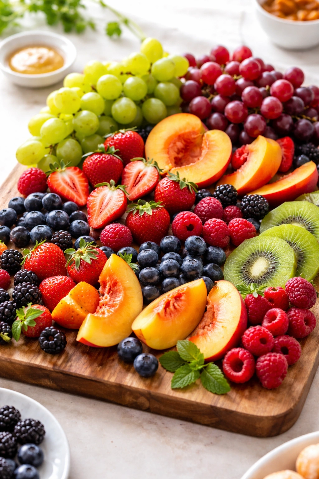 Fresh grapes, berries, and stone fruits arranged for color and sweetness on a grazing board