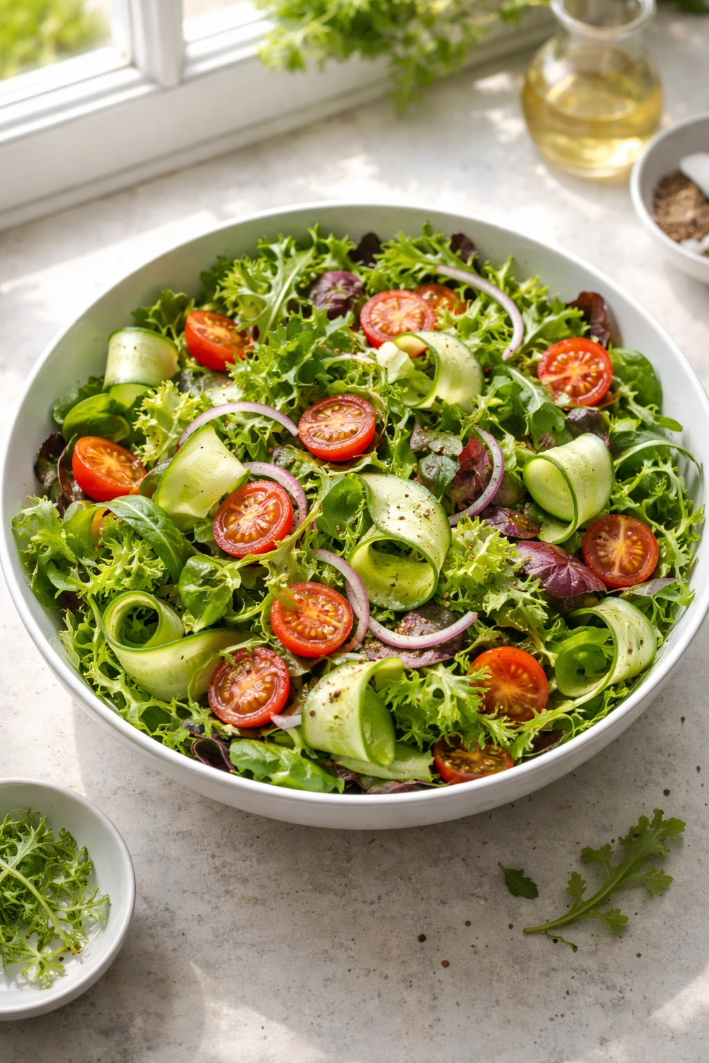 Close-up of fresh garden salad with mixed greens and cucumber in a bowl.