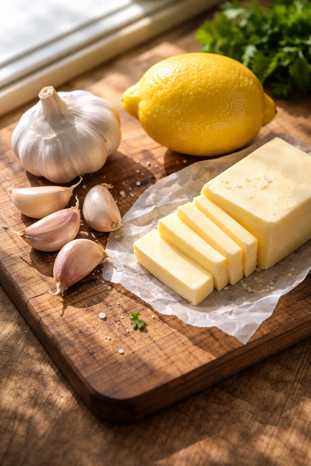 Fresh garlic, lemon, and butter on a cutting board.