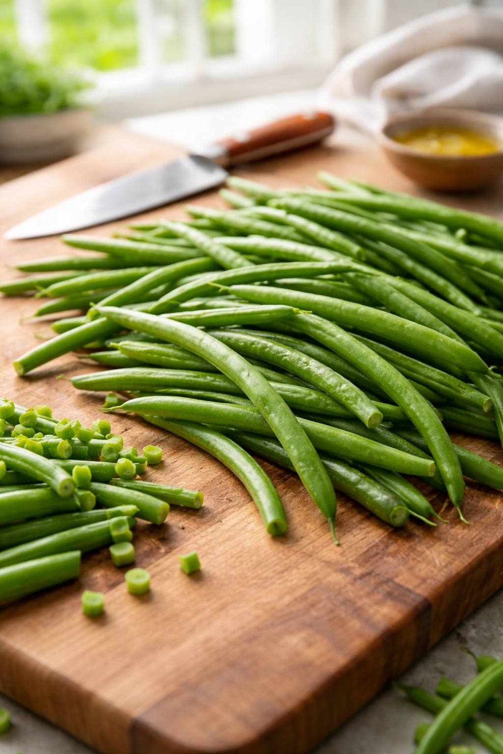 Fresh green beans arranged on a wooden surface showing crisp texture