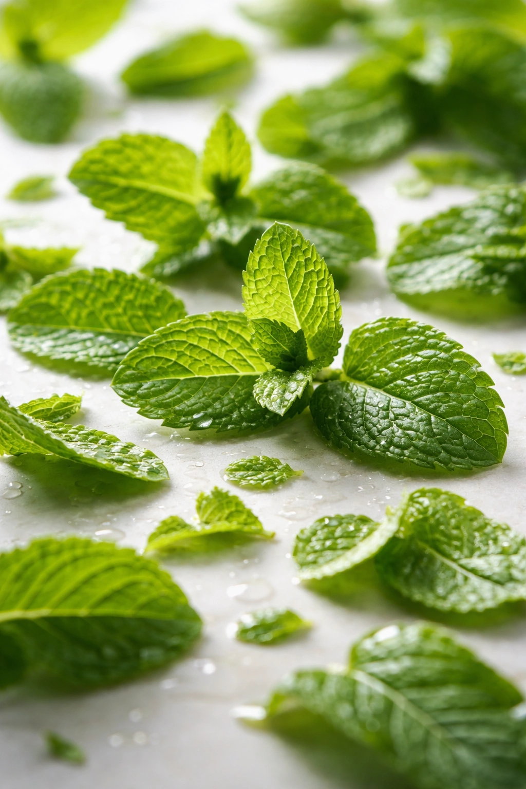 Fresh mint leaves close-up with dew on a clean surface