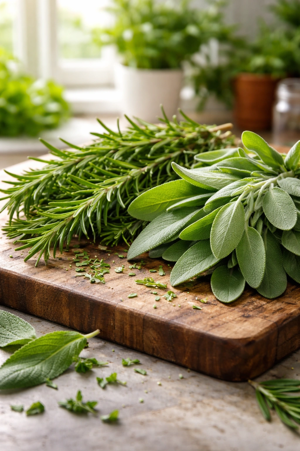 Close-up of fresh rosemary and sage on a cutting board, vibrant greens demonstrating flavor difference