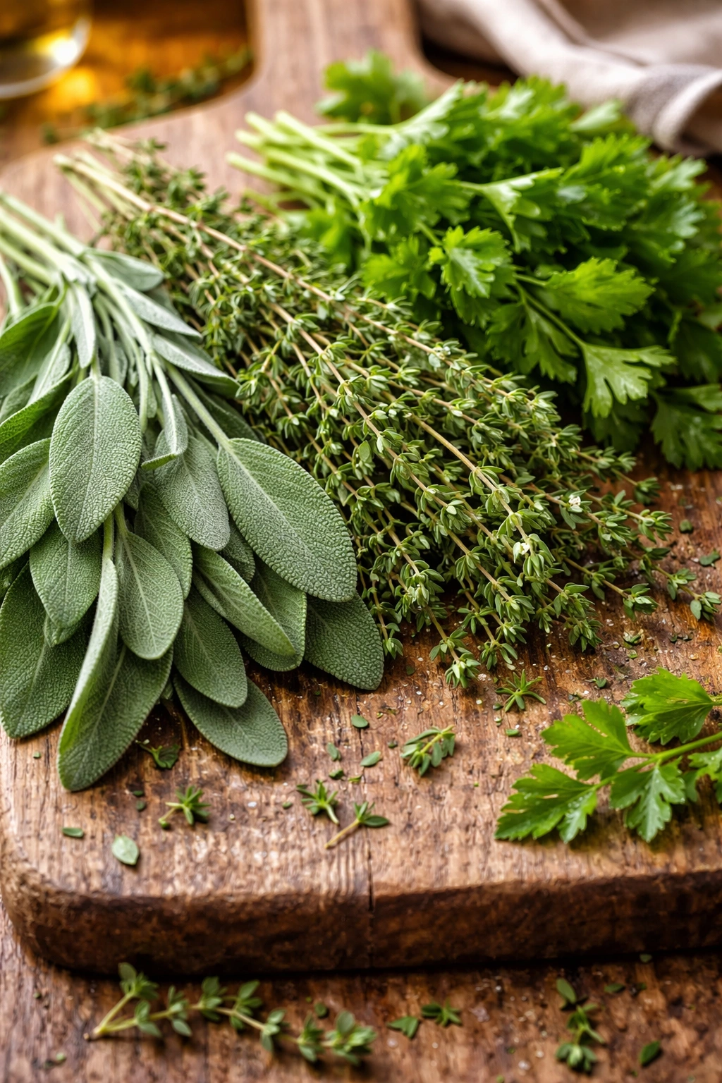 Fresh sage thyme and parsley on a wooden surface ready to flavor stuffing