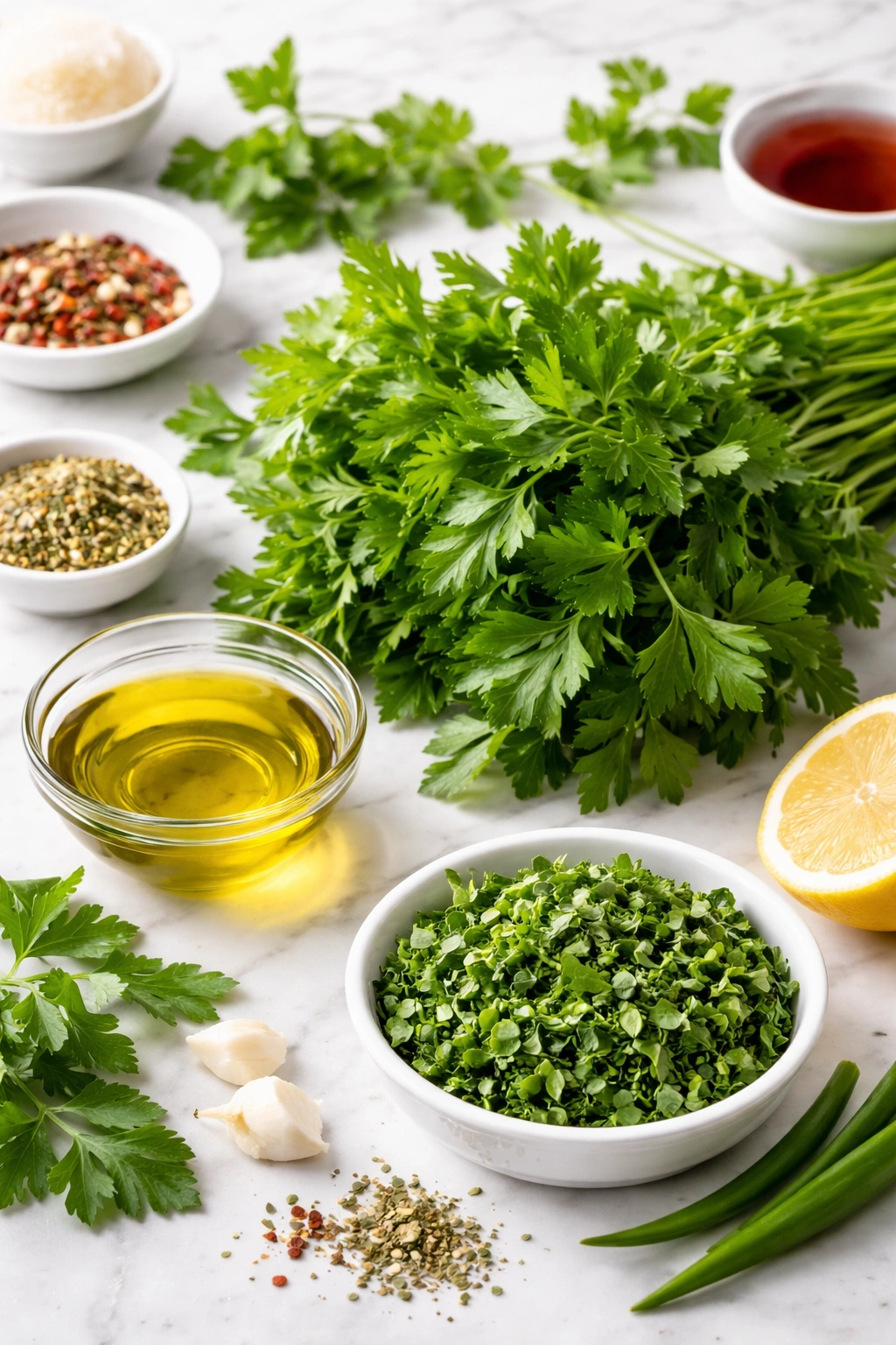 Fresh parsley and olive oil on a bright prep surface