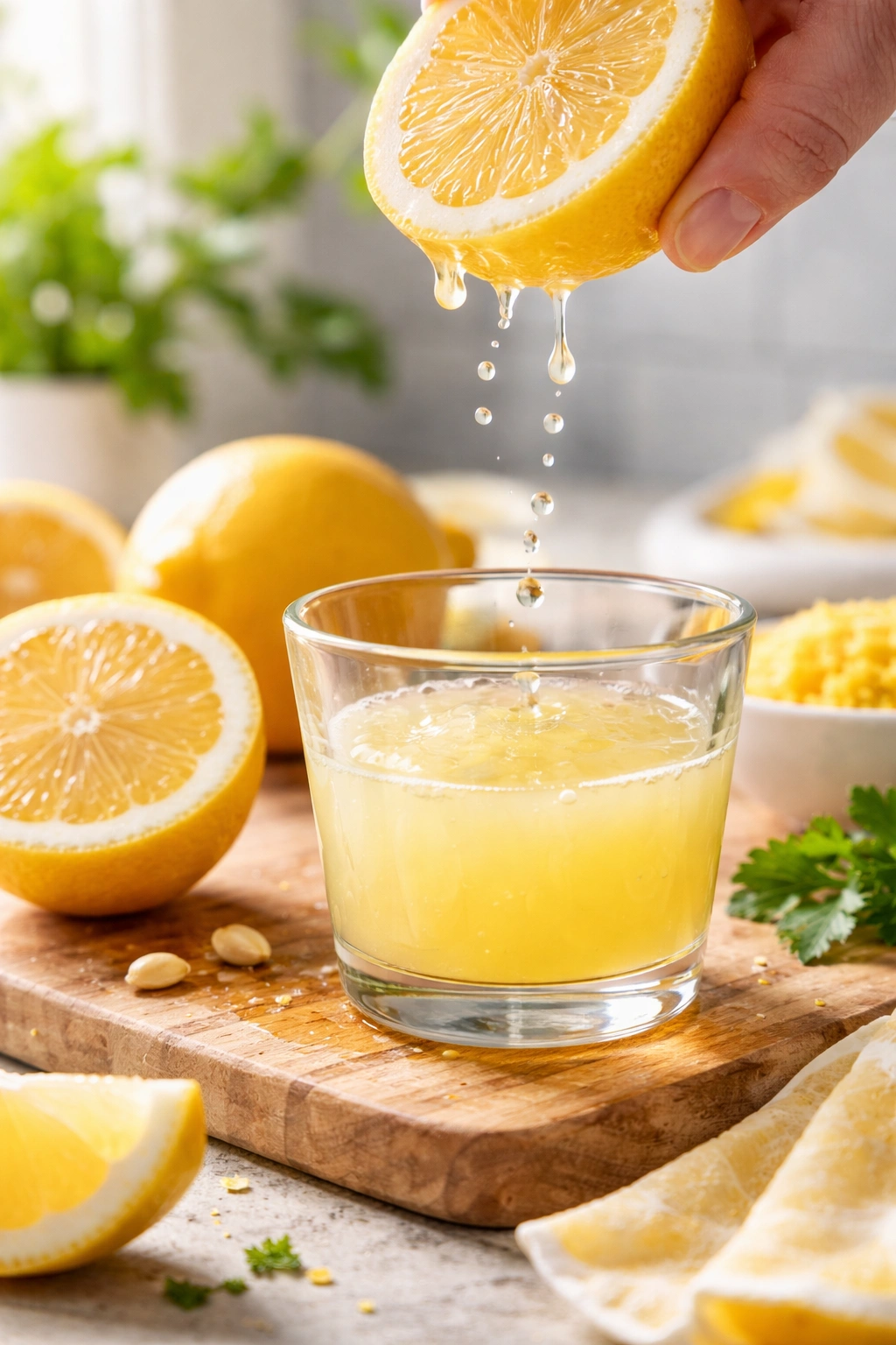 Fresh lemon juice being squeezed with lemon halves nearby in a bright kitchen