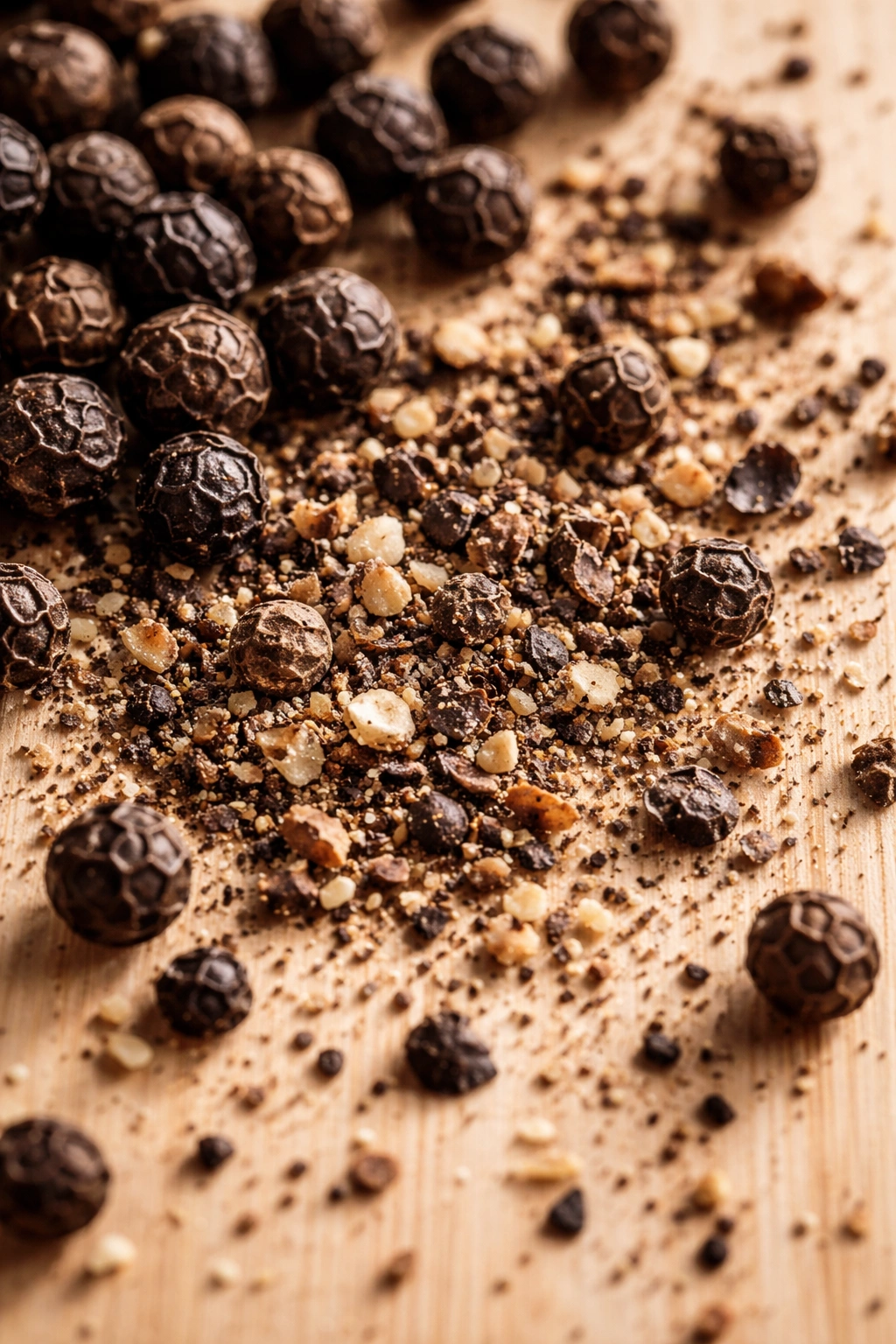 Freshly cracked black peppercorns on a wooden surface