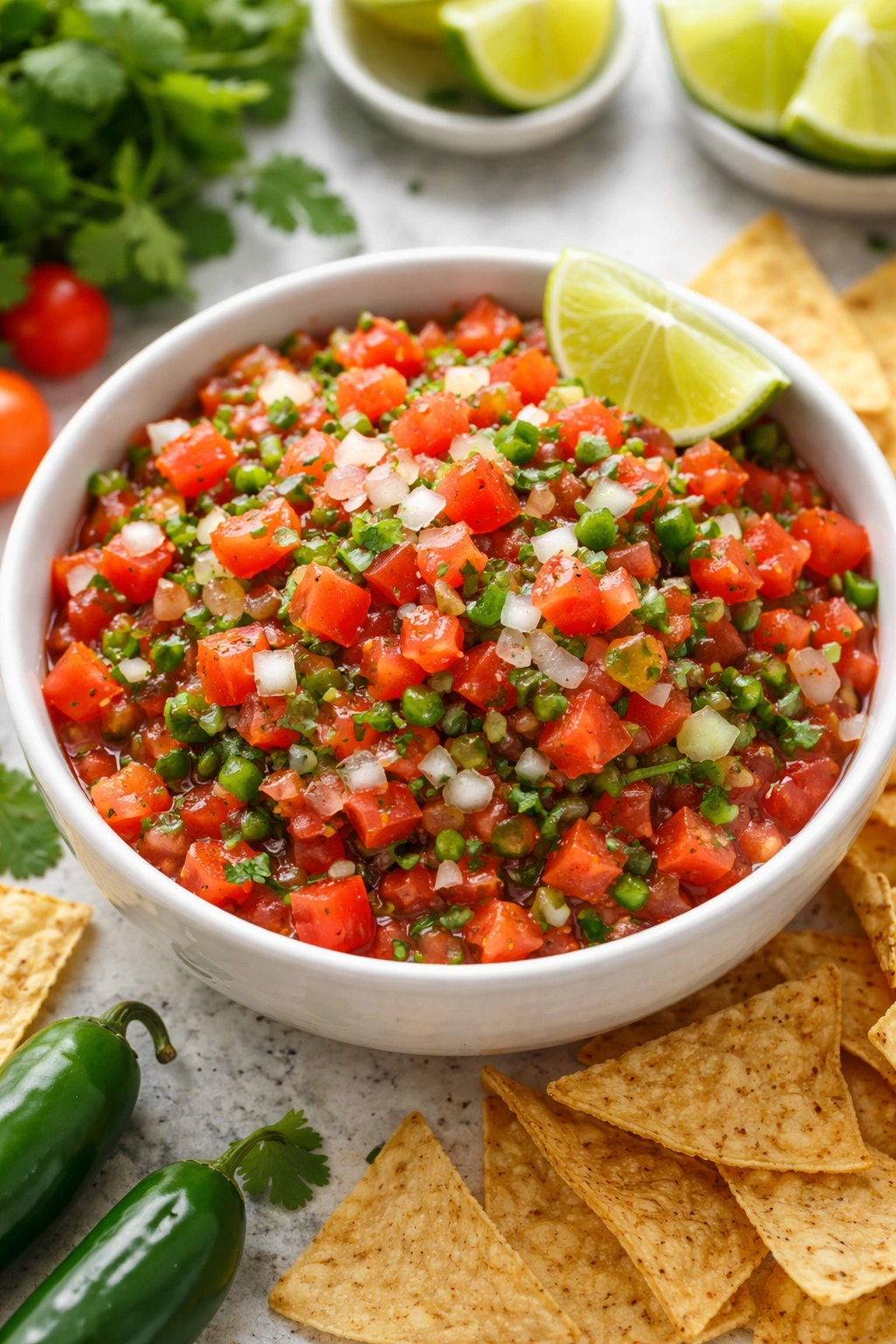 Bright fresh salsa in a white bowl with visible tomato and onion chunks