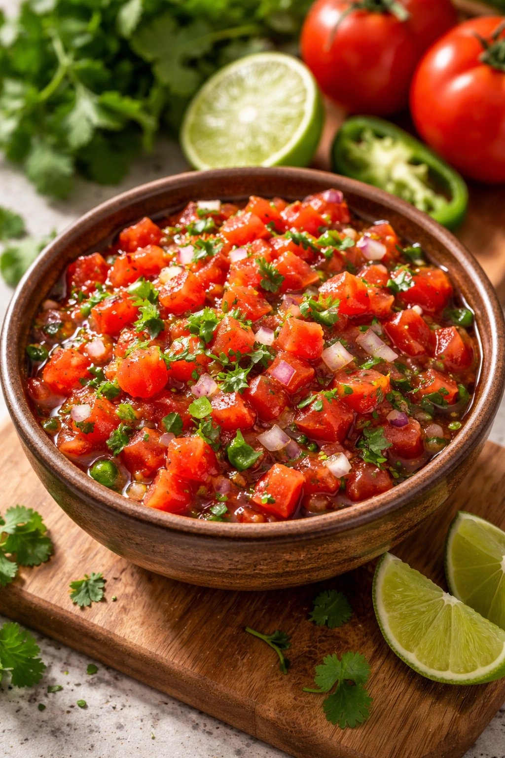 Close-up of bright red fresh salsa in a rustic bowl with tomato chunks, onion, and cilantro