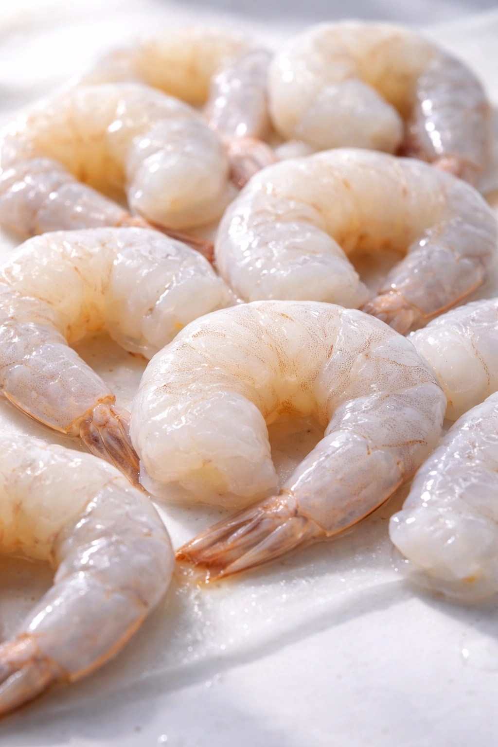 Fresh raw shrimp arranged on a neutral surface