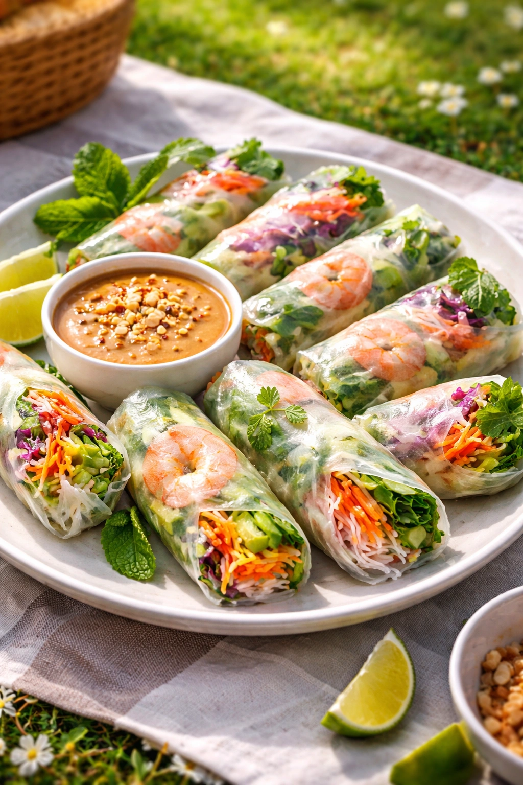 Fresh spring rolls with peanut sauce on plate