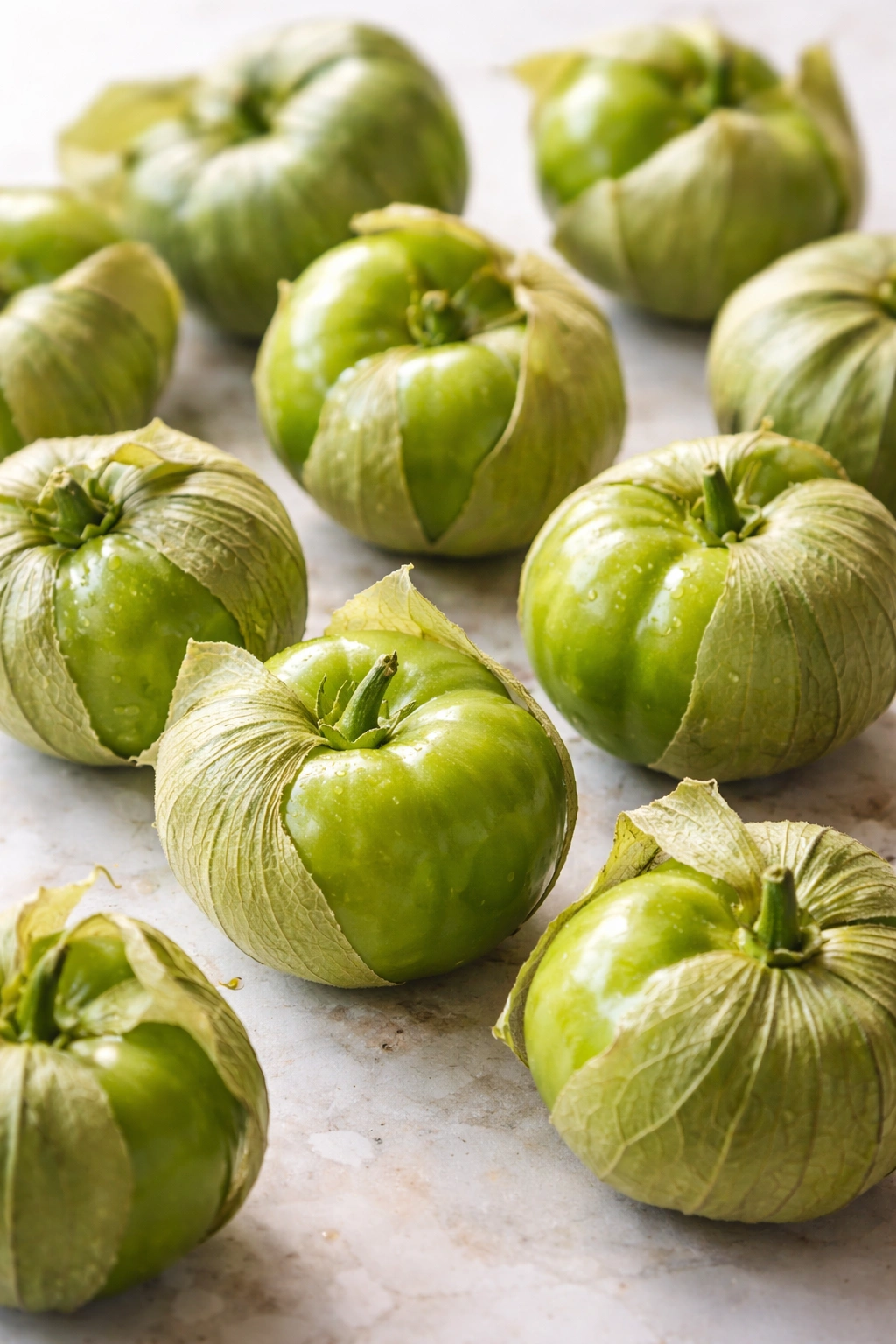 Fresh green tomatillos with husks partially peeled