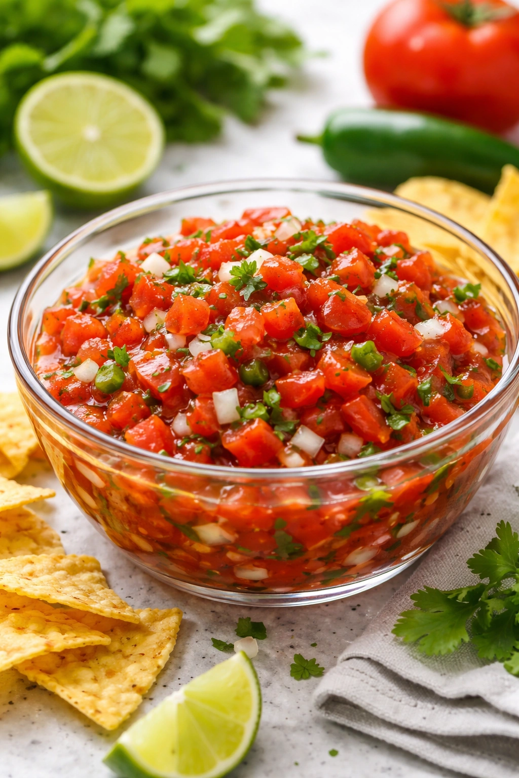 Bright red fresh tomato salsa in a glass bowl.