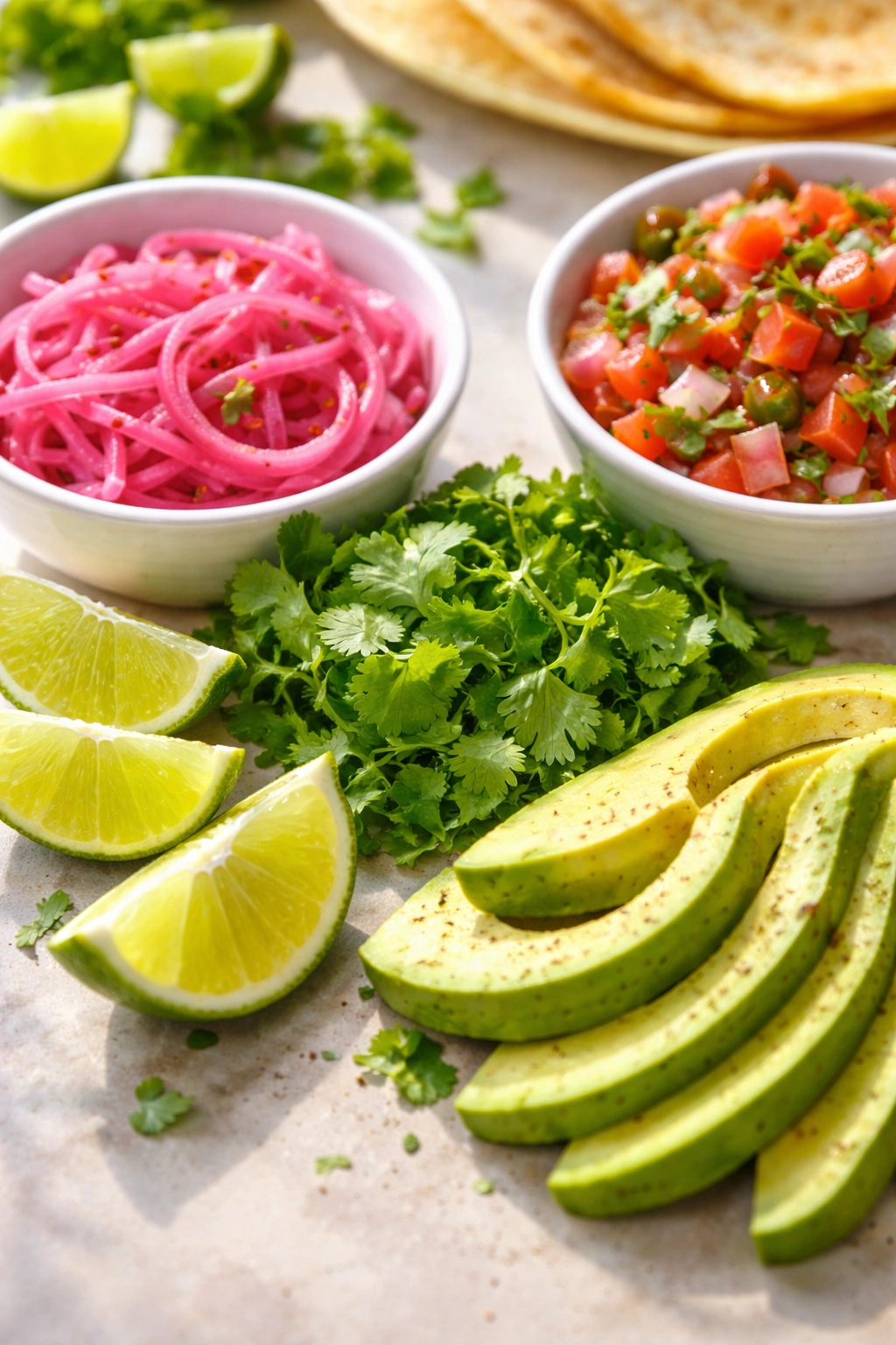 Fresh toppings like onions, cilantro, avocado, and lime for tacos